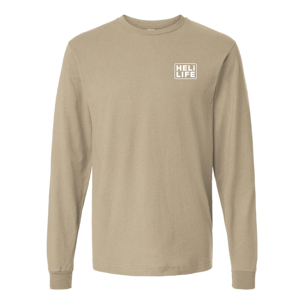 Beige or sand colored long sleeve shirt with the helicopter logo